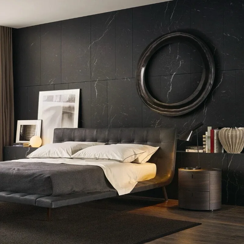 Italian minimalist round bedside table smoked bedroom storage cabinet solid wood rock slab small apartment