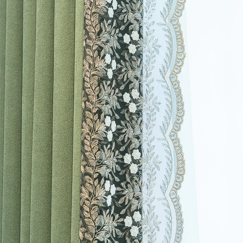 Green Pastoral Lace Embroidered Splicing Window Screen Chenille Thickened Curtains for Living Room Bedroom Floor To Ceiling