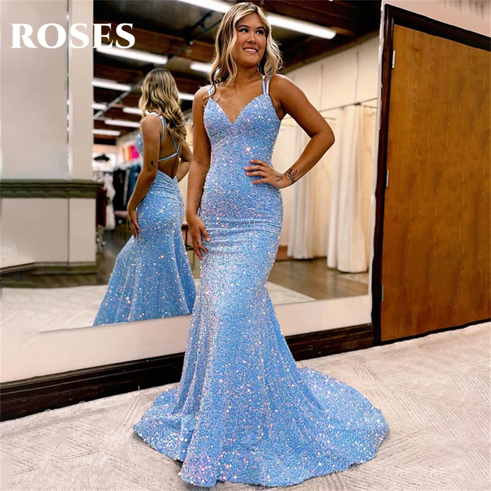 

ROSES Shining Mermaid Special Occasion Dress V Neck Sleeveless Formal Gown light Sky Blue Long Evening Dress vestidos de fiesta