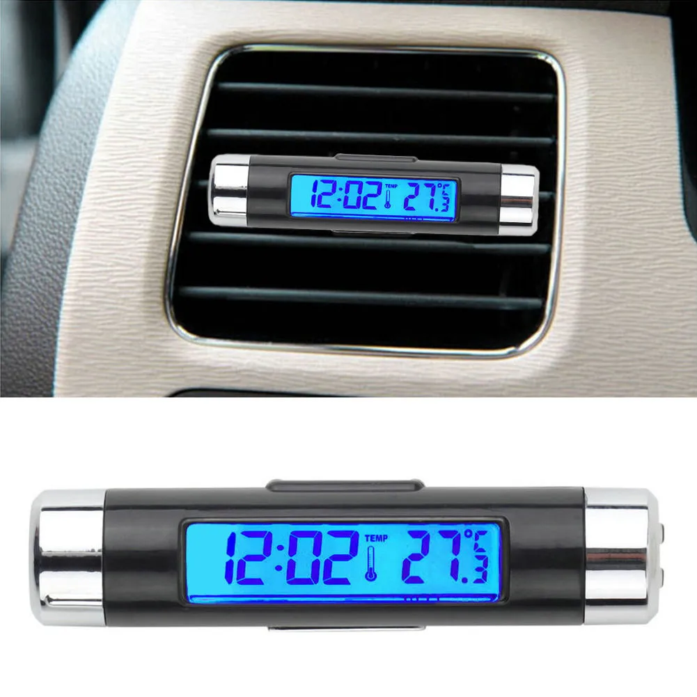2 in 1 Car Auto Thermometer Clock Temperature LCD Display Screen Clip-on Digital Blue Back Light Portable Without Batteries