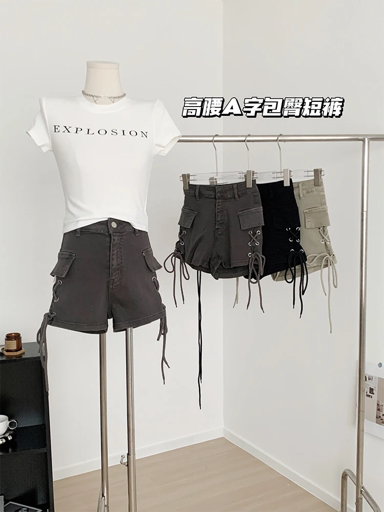 Women's Grey Denim Shorts Fashion Streetwear High Waist Lace-up Mini Cowboy Shorts Jeans 2000s Y2k Harajuku 2000s Clothes Summer