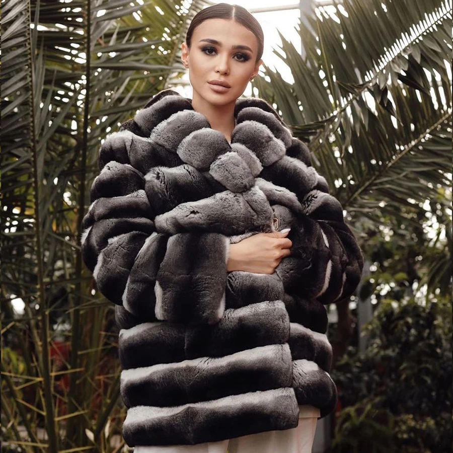 Chinchilla Color Fur Coat Women Real Rex Rabbit Fur Coat Hot Selling Women Warm Winter Jackets Short Fur Coat