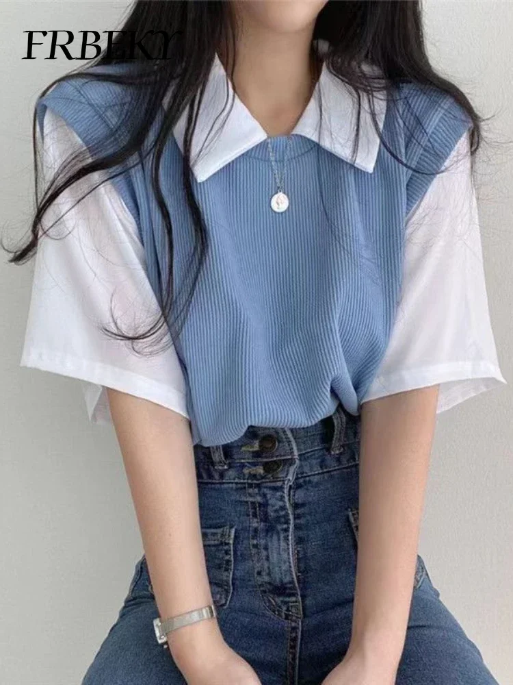 Summer New Polo Collar Tops Fake Two Pieces College Style Color Collision Short-sleeved T-shirt Shirts & Blouses Korean Fashion