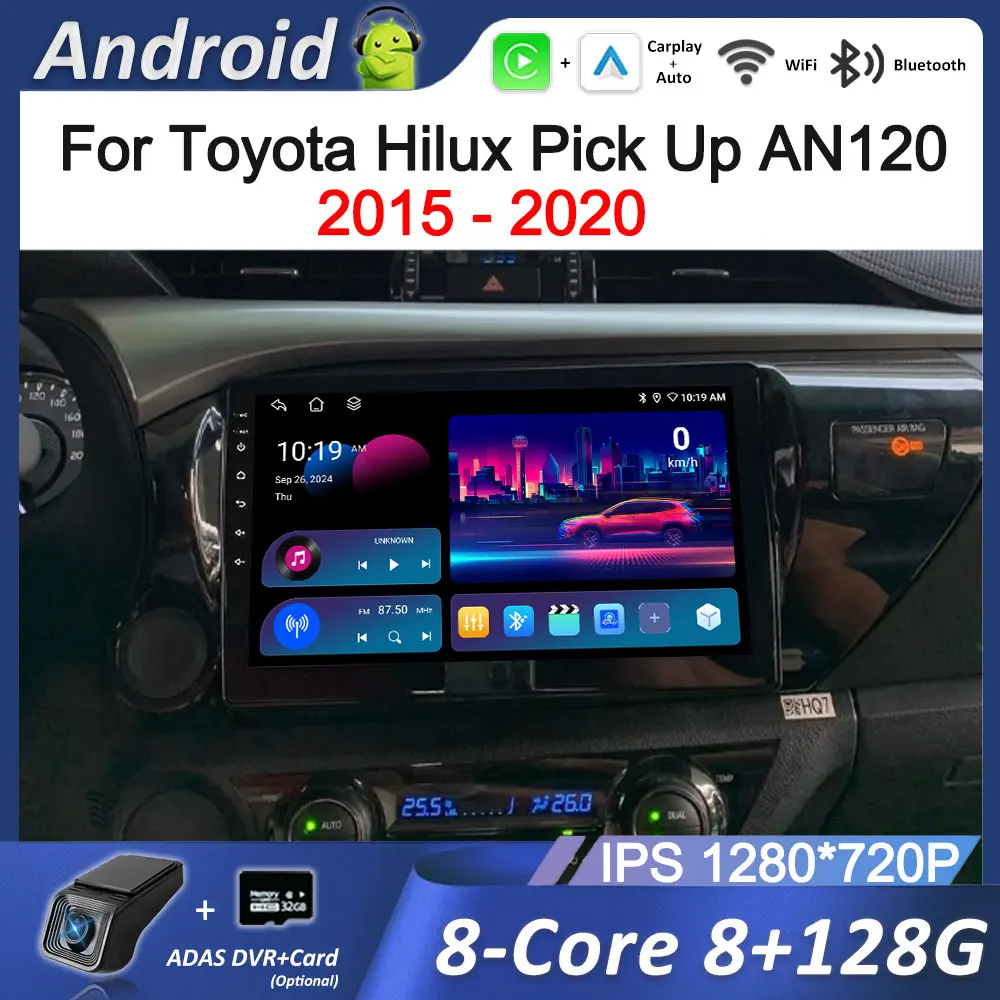 

10-дюймовый автомобильный радиоприемник с левым рулем для Toyota Hilux Pick Up AN120 2015-2020 Android Wireless Carplay 4G BT WiFi