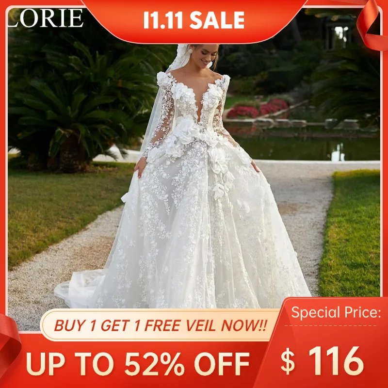 LORIE A-Line V-Neck BOHO Wedding Dresses with 3D Flowers Lace Appliques Long Sleeves Luxurious Princess Bride Wedding Gown 2024