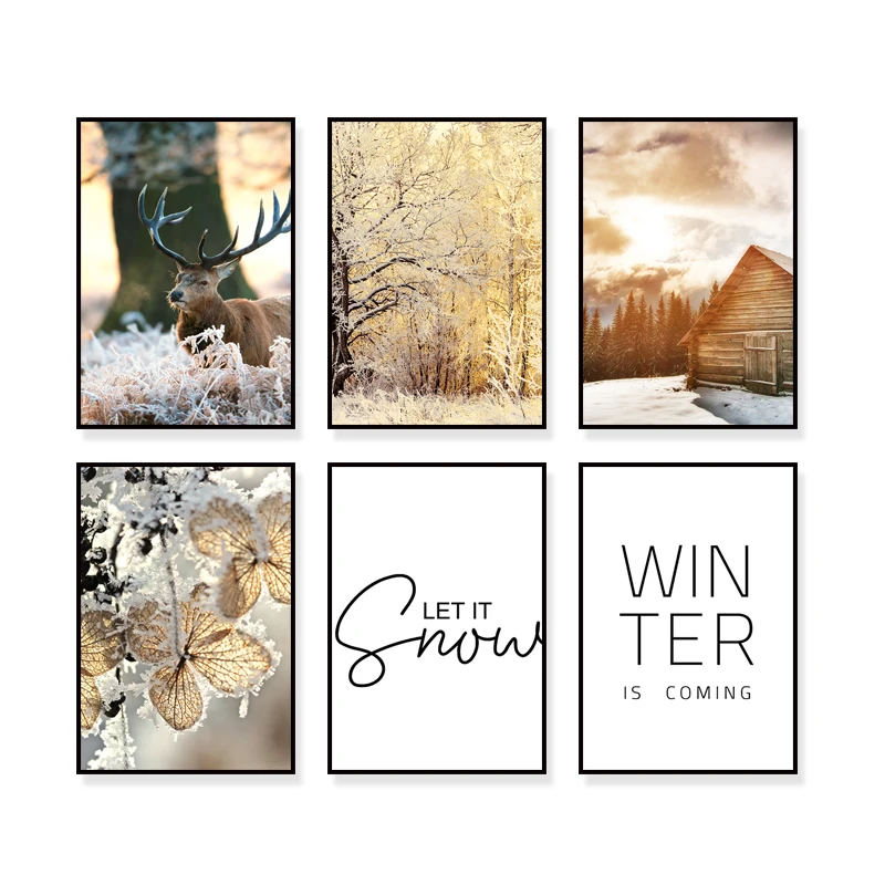 Deer Winter Snow Frost Forest Log Cabin Beige Poster Canvas Art Decorative Prints Wall Painting Landscape Living Room Pictures