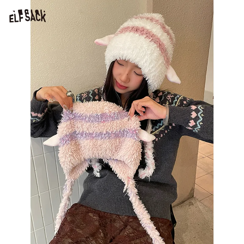 ELFSACK Y2K Sweet Macaron Goat Ear Pom Pom Beanie For Women