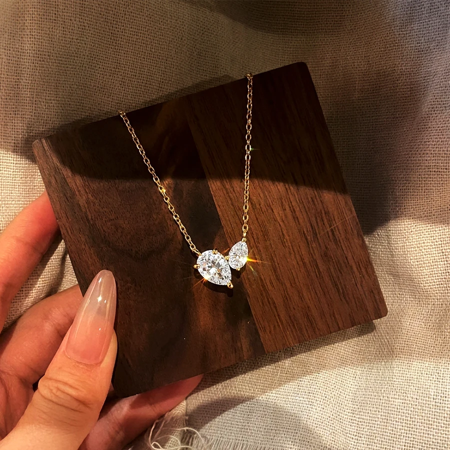BXINY 2-Stone Pear Cut All Moissanite Pendant Necklace 925 Sterling Silver Water Drop Diamonds Neck Chain for Women Fine Jewelry