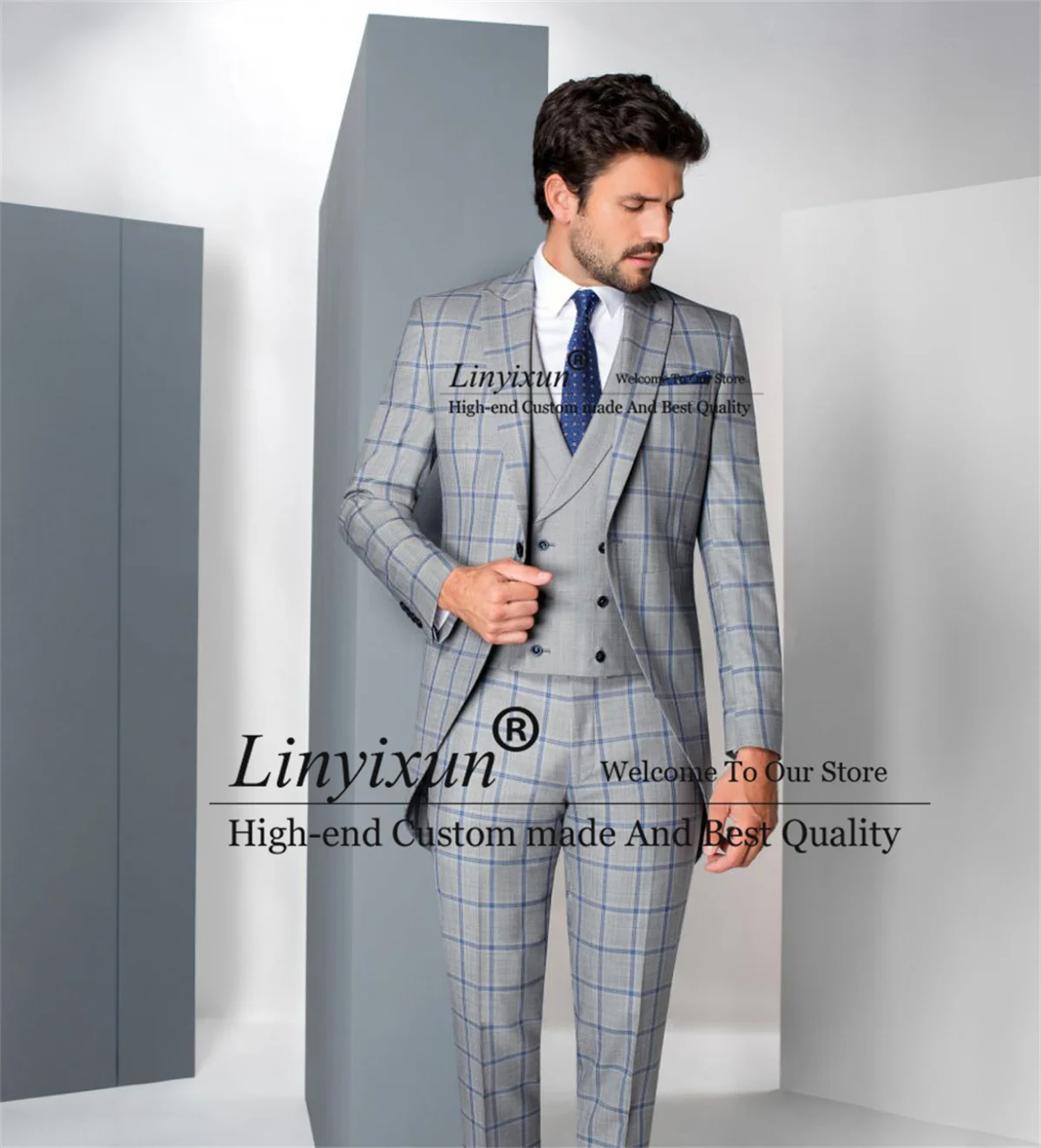 

Grey Plaid Men's Slim Fit Suits Peaked Lapel Groom Wedding Tuxedos Business Male Blazers 3 Pieces Sets Terno masculinos completo