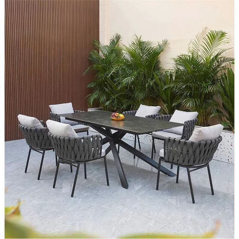 

Outdoor courtyard villa garden high-end table and chairs outdoor leisure rock slab dining table rattan chairs open-air