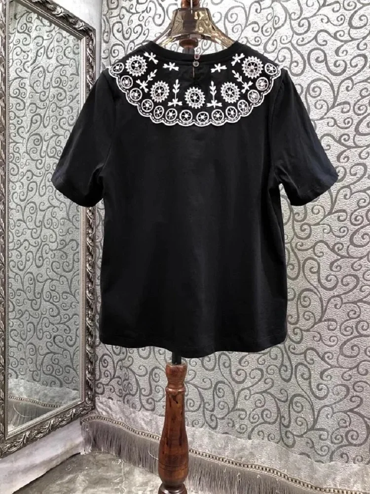 100%Cotton T Shirts 2024 Summer Fashion Black tshirts Ladies White Color Block Embroidery Short Sleeve Casual Basic Tops & Tees