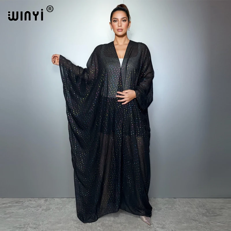 

WINYI Middle East Hot stamping print Women Cardigan Loose Long Dress holiday retro beach cover up Holiday Batwing Sleeve abaya