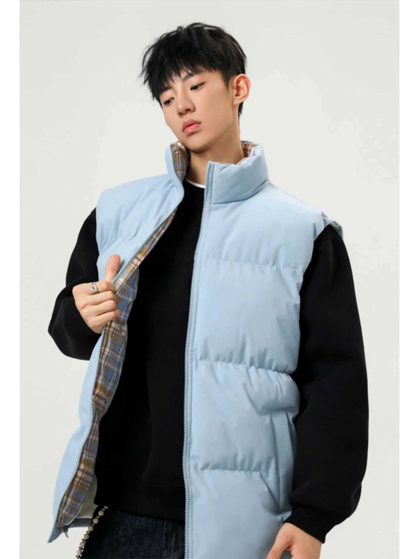 

Thiened Plaid Patchwork Stand Collar Svel Jaet for Men Casual Loose Outerwear Winter Warm Vest oulder Pad