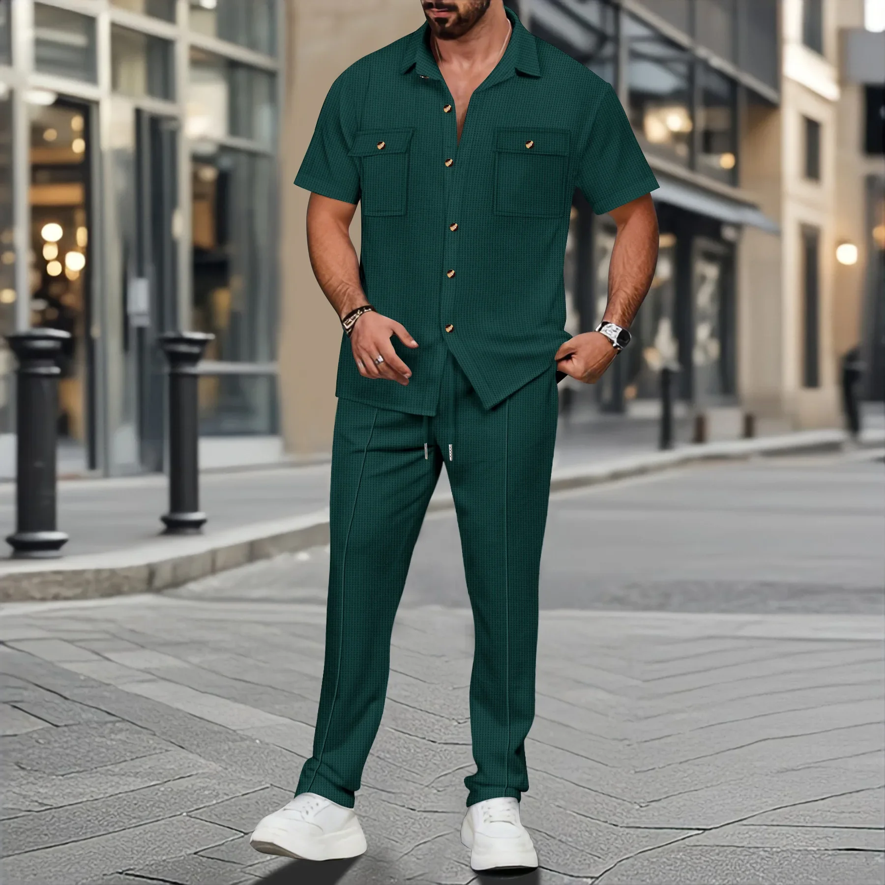 

Men's Casual Suit Short-Sleeved Waffle Check Shirt with Pocket Comfortable Solid Color Spring Summer Fashion Two-Piece Set