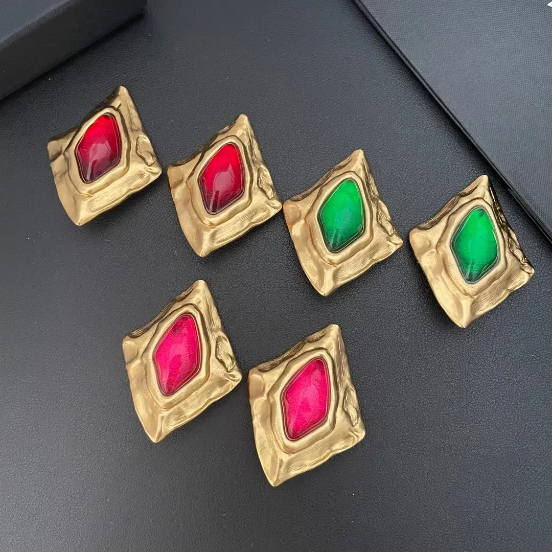 

Vintage Colorful Gemstone Exaggerated Large Earring Ear Clip Women Europe Designer Luxury Jewelry Trend