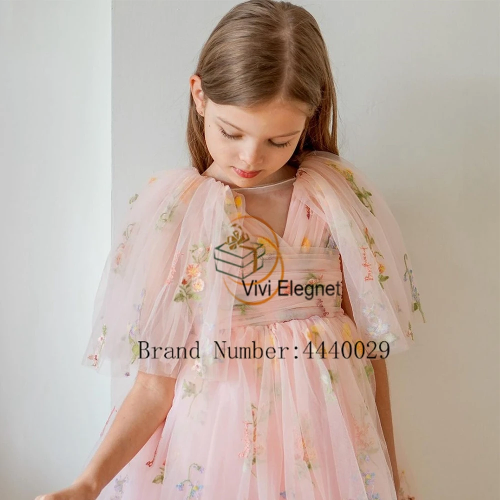 Short Sleeve Pink Flower Girls Dresses with Applique 2023 Summer Soft Tulle New Knee Length Christmas Gowns فلور فتاة اللباس