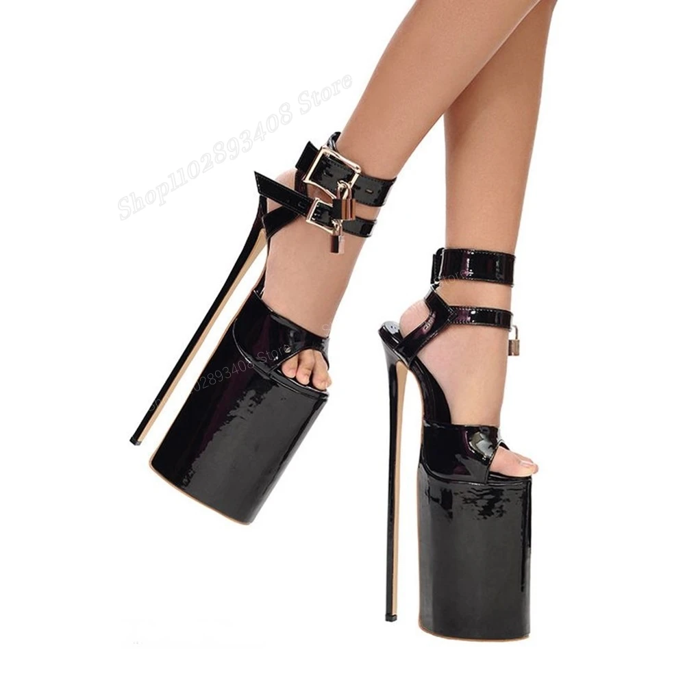 Black Waterproof Lock Decor Peep Toe Sandals Patent Leather Stiletto High Heel Buckle Women Shoes 2023 Sexy Zapatos Para Mujere