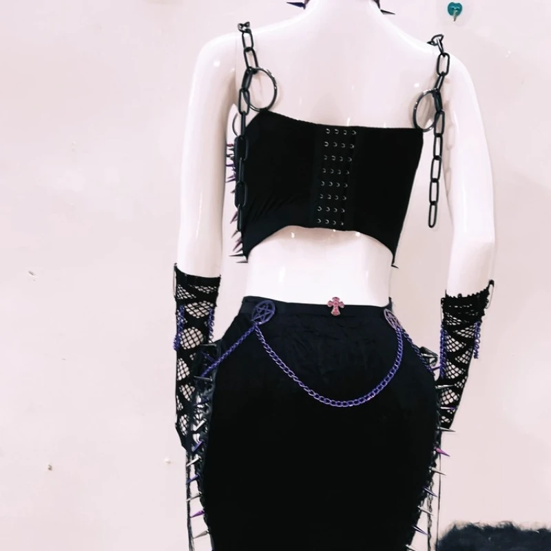 Original Design Neue Heavy Metal Niet Punk Rock frauen Top Gothic Dark Subkultur Süße Kühle Sexy Mesh Langen Rock set Damen