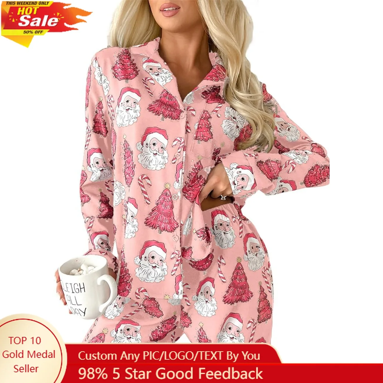 Christmas Santa Pajama Set Women's Long Sleeve Sleepwear Soft Loungewear Two Piece Button Down Pjs Lounge Set