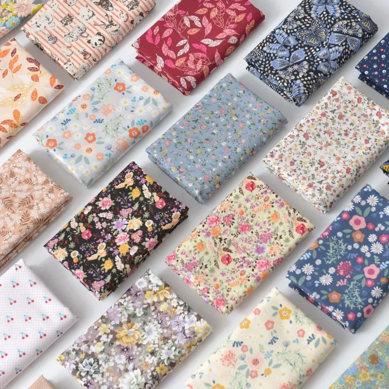 Printed Poplin Pure Cotton Fabric Summer Thin By The Meter for Clothes Hanfu Dress Shirt Diy Sewing Floral Cloth Soft Blue Pink