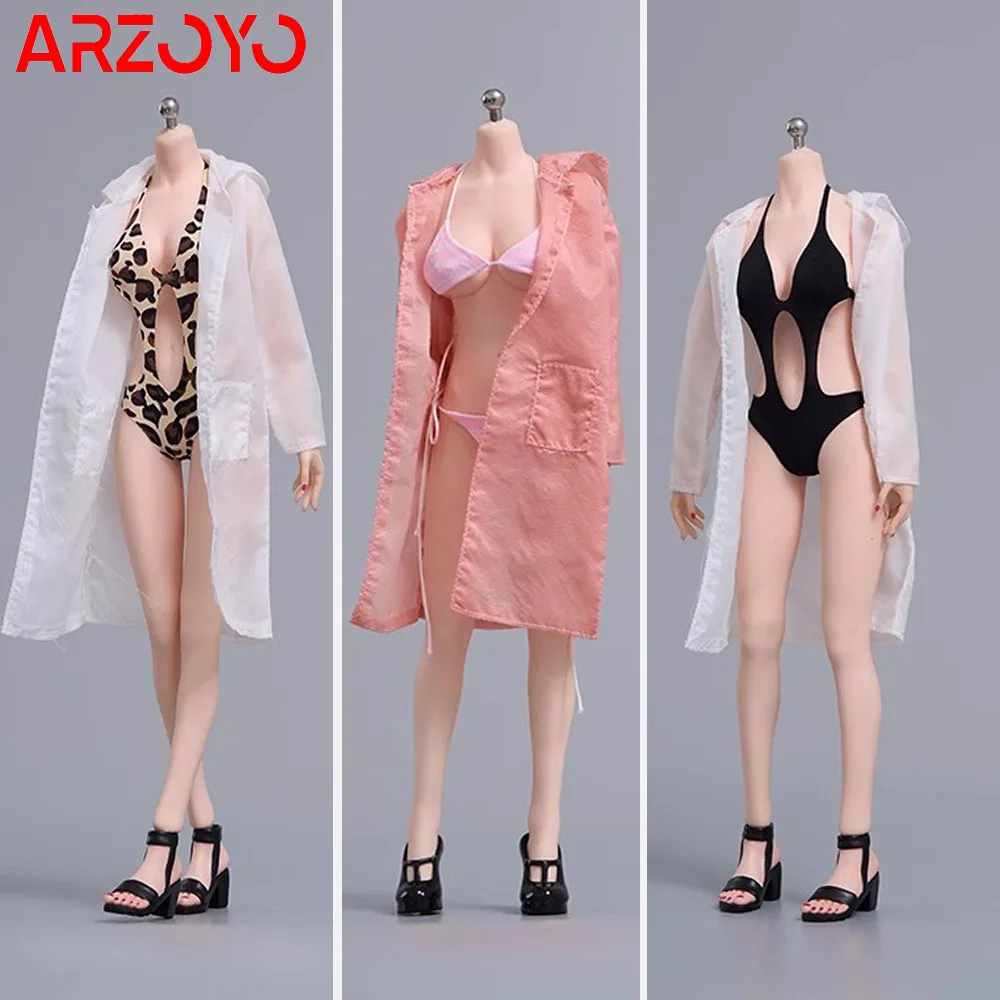 cdtoys cd067 cd068 1/6 Scale Striped Sand Bikini Transparent Sun Protection Suit with Shoes Model for 12'' Female Soldier Body