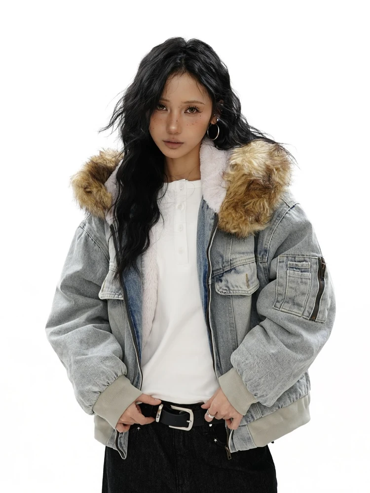 

S3T5 Heavyweight Harington Jaet Removable Fur Collar Denim Cotton Jaet Men Women Winter New Fce Lined ex Coat