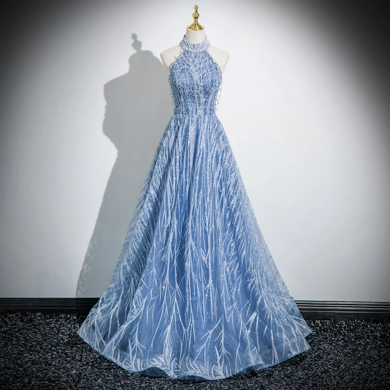 Maßgeschneidertes elegantes blaues Abendkleid für Frauen, Neckholder, Pailletten, Quaste, Perlen,