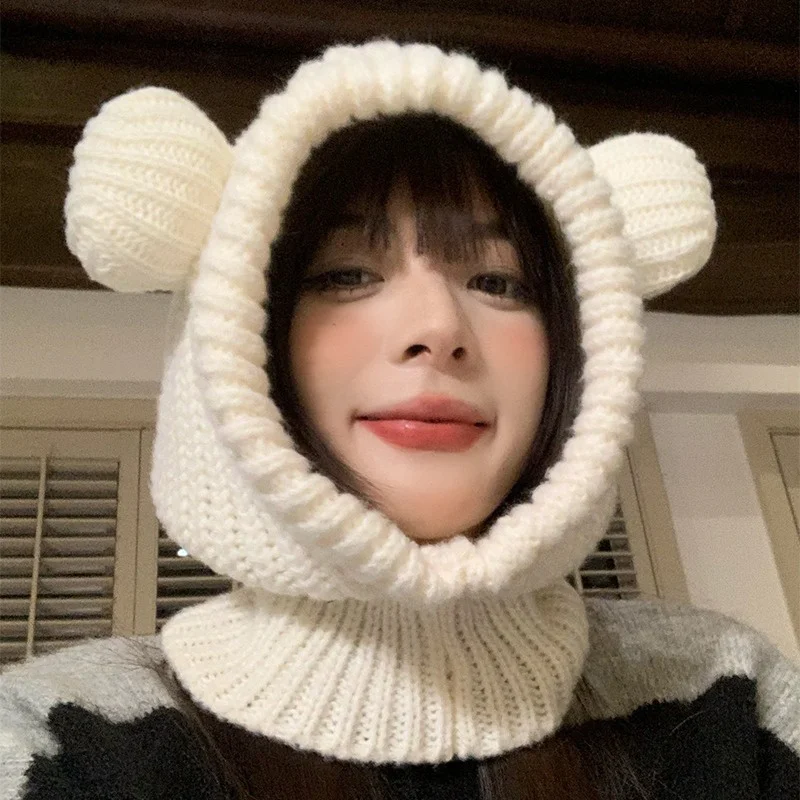 Cartoon Bear Women Hooded Beanies Winter Warm Ear Protection Scarf Cap Korean Solid Wool Knitted Hat Outdoor Windproof Headgear