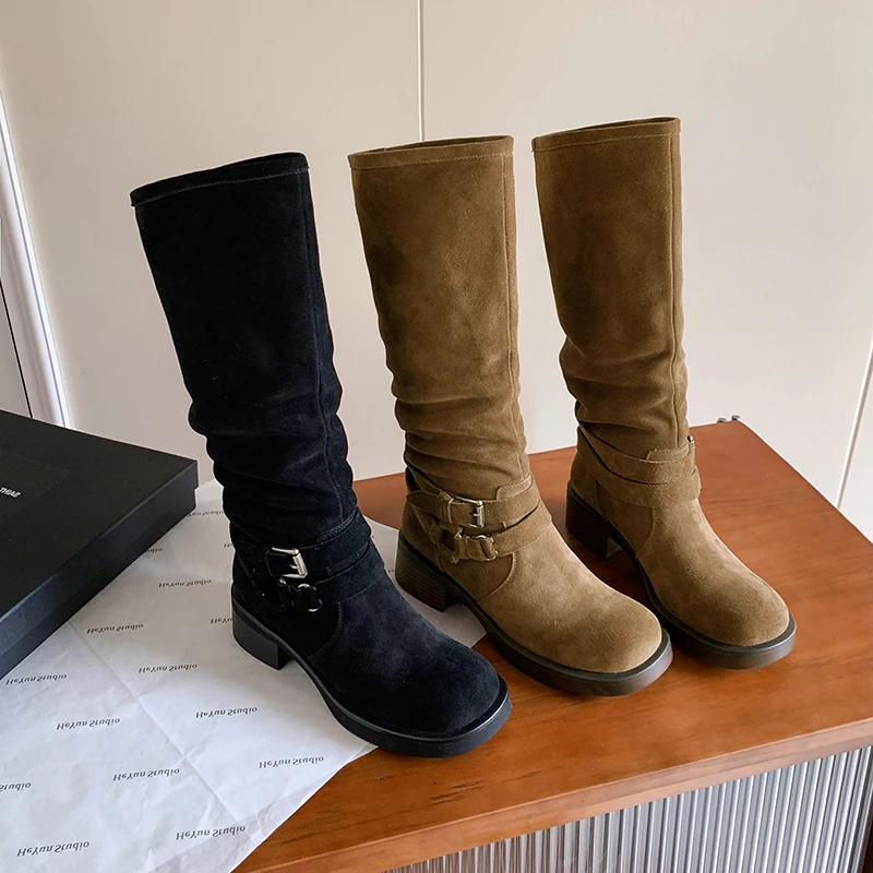 Stylish Women’s Knee High Cow Suede Boots with Mid Heels