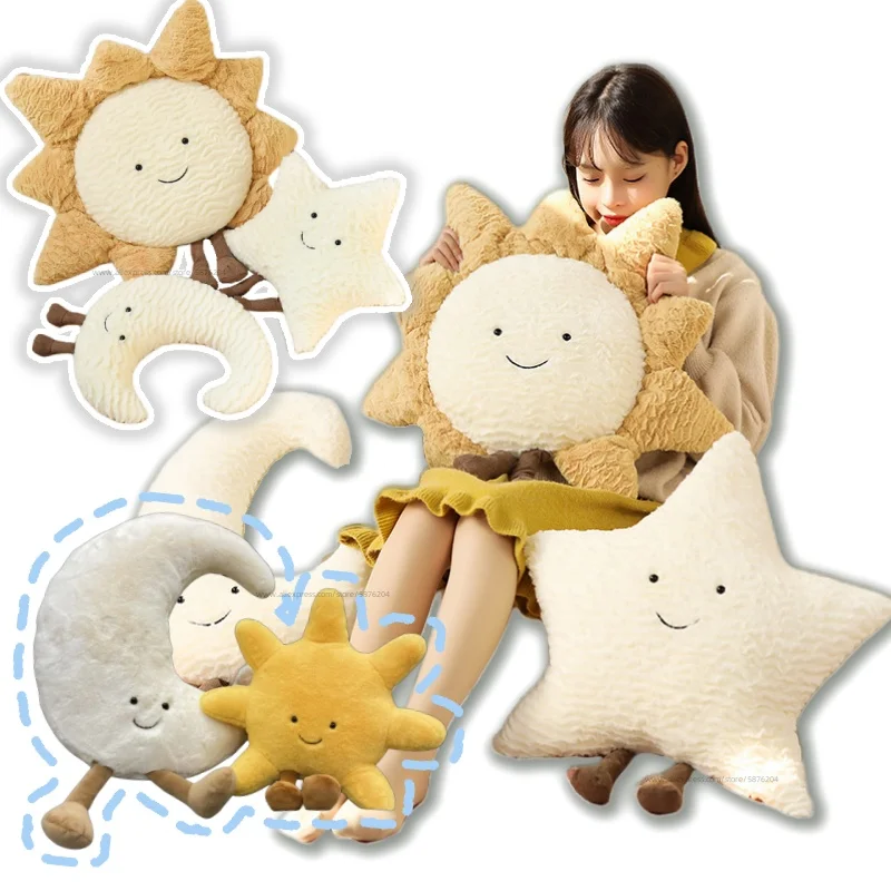 Smile Face White Moon Yellow Sun Star Plushie Stuffed Cartoon Weather Sky Plush Cushion for Kids Bedroom Decor Sofa Throw Pillow