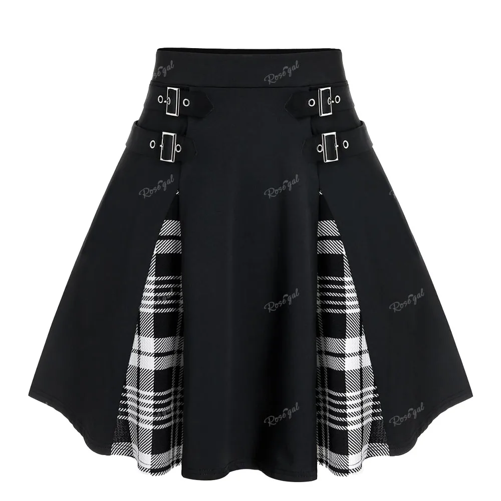 ROSEGAL Plus Size Plaid Mini Skirt Colorblock Buckles Women High Waisted Bottoms Skirt Female Spring Summer Basic Skirt Clothing