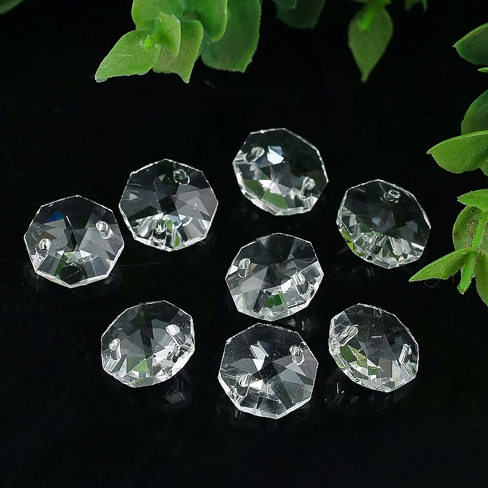 20PCS 14mm Octagon Beads Crystal Prism Chandelier Parts Replacement Hanging Suncatcher 2 Hole Faceted Glass Garland Curtain Bead