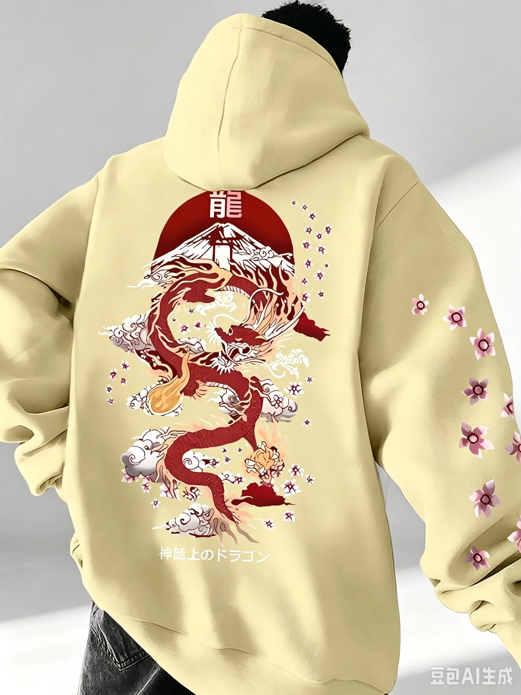 Men's Japanese Hoodie Red Dragon Sakura Mount Fuji Graphic Back Sleeve Print Oversized Pullover Sweatshirt Oriental Streetwear