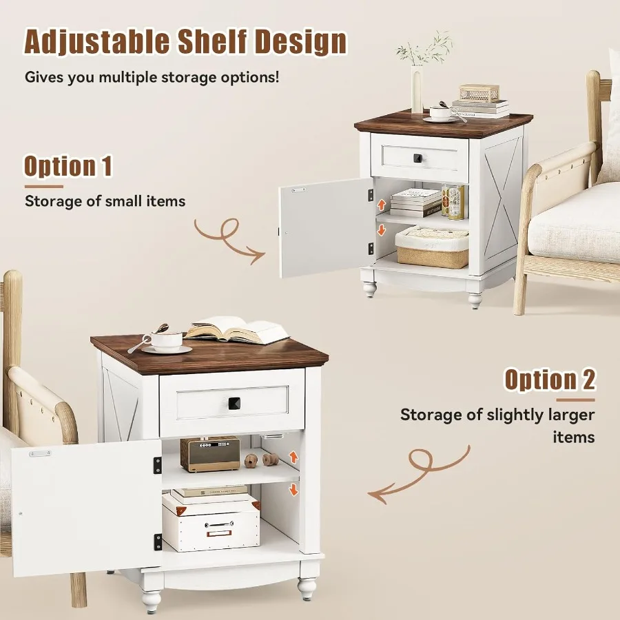 引き出しと収納キャビネット付きファームハウスエンドテーブル 18インチ ホワイトナイトスタンド ドア付きベッドサイドエンドテーブル 調節可能な棚付き