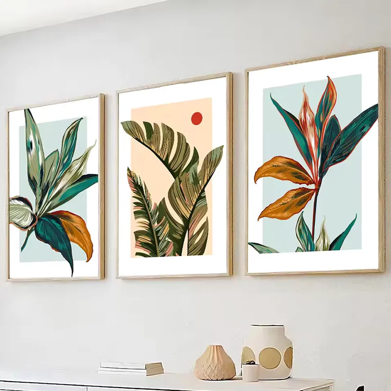 

Set of 3 Colorful Tropical Botanical Canvas Poster Print Floral Leaves Wall Painting Picture for Bedroom Room Modern Home Decor