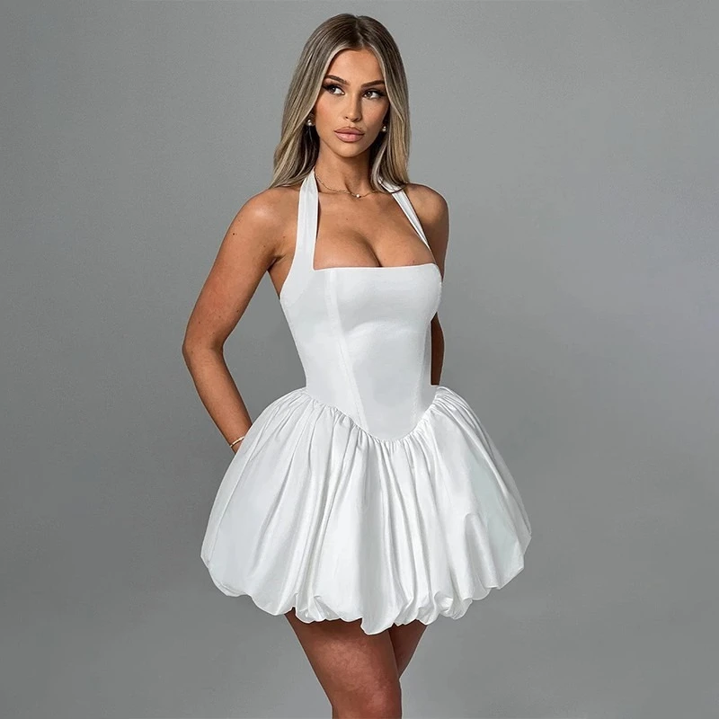 2025 Women’s Bubble Halter Tie-Up Backless Corset Dress Y2K Streetwear Mini Short Sleeveless Summer Party Clubwear Evening Dress