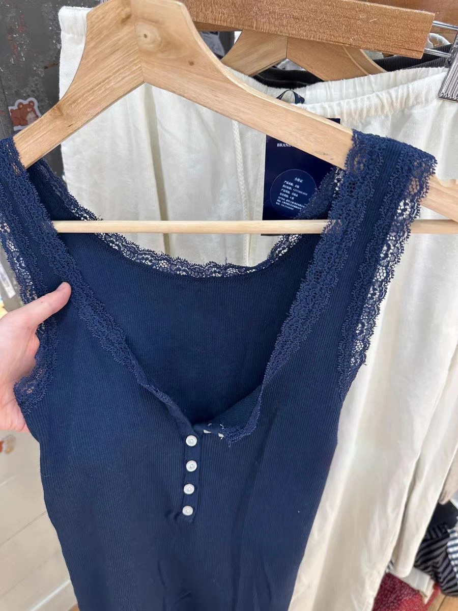 Solid Lace Trim Ribbed Tank Top Women Spring Buttons Cotton Slim Chic U Collar Sleeveless Camis Sweet Simple Basic Vest Y2K Tops