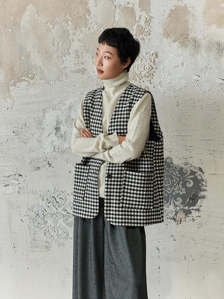 

Tuytuy Casual Loose V-Ne Long Sve Women's Vest Soft Cotton Lined Polyester Blend Faionable Plaid Outerwear