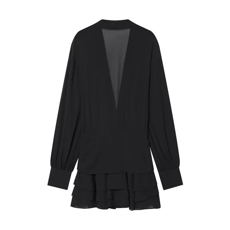 Vestido feminino 2025 outono novo preto manga longa sexy profundo decote em v drapeado em camadas mini vestido elegante e elegante