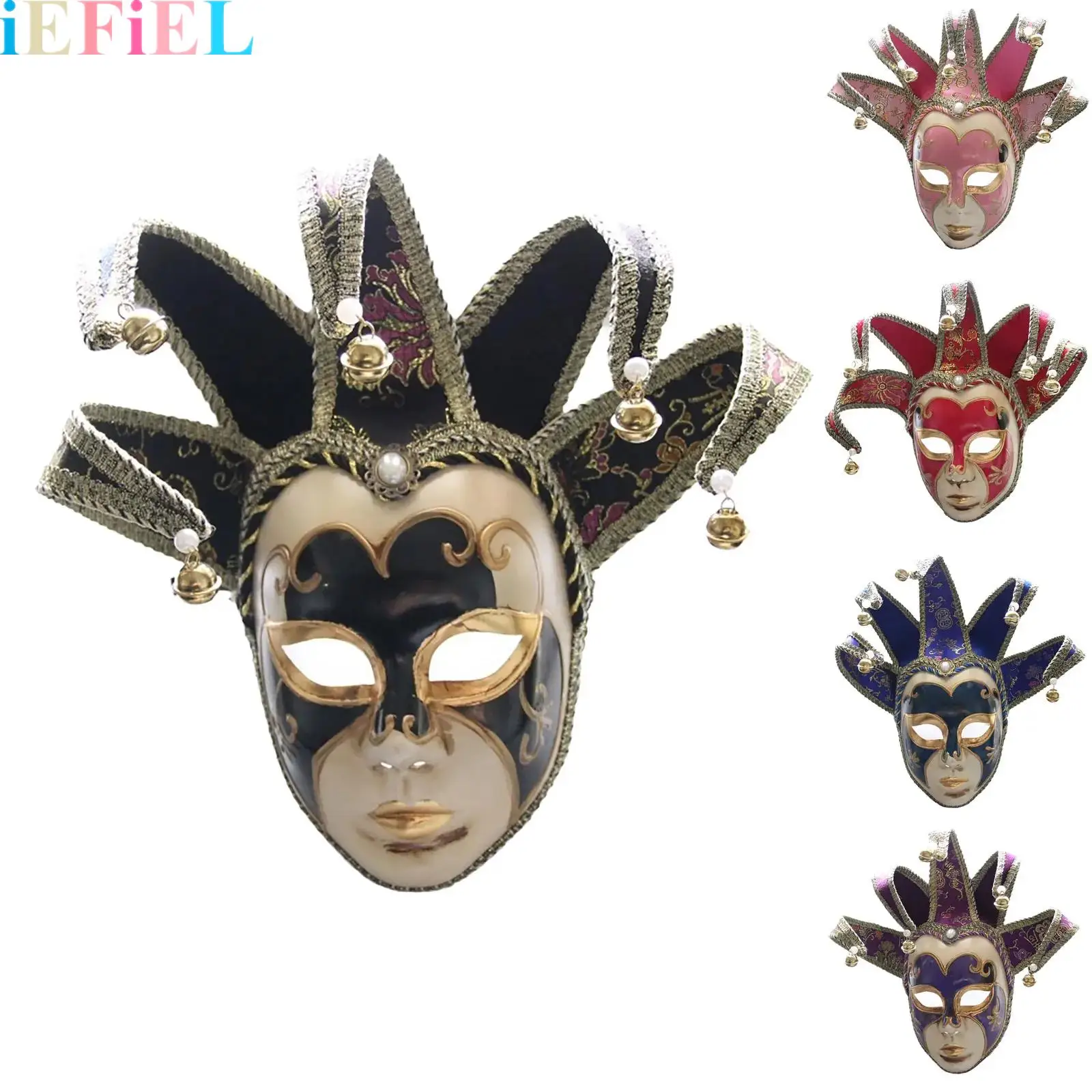 

Halloween Masquerade Venetian Jester Mask Music Mardi Gras Bells Decorative Vintage Full Face Mask for Adults