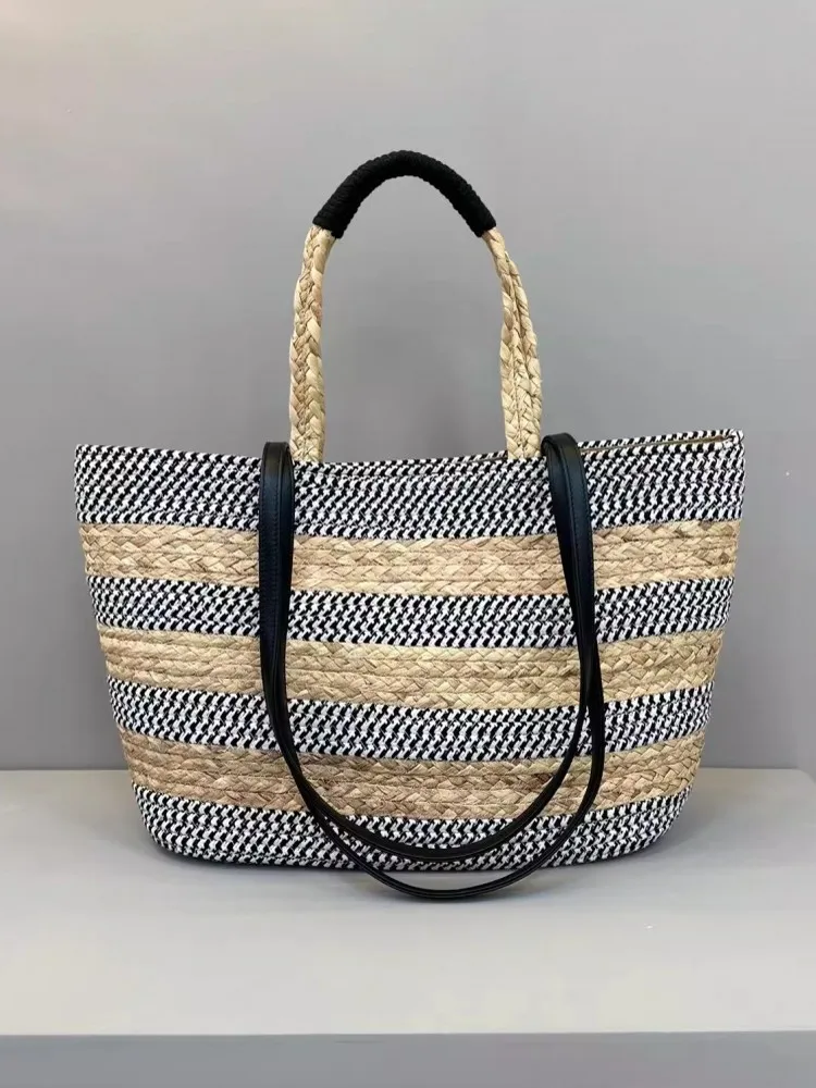 Summer Handmade Women Colors Panelled Striped Casual Totes Handbag Holiday Beach Straw Bag Large Capacity Ladies Shoulder Bag