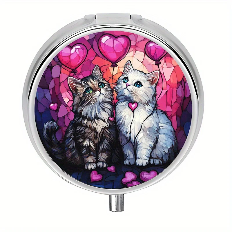 Single-pack, flat, round three-compartment pill box, designed with a fluffy cat heart pattern. The wallet-style pill box features a colorful glass window, elegant design, and is very suitable for outdoor travel and office medication reminders