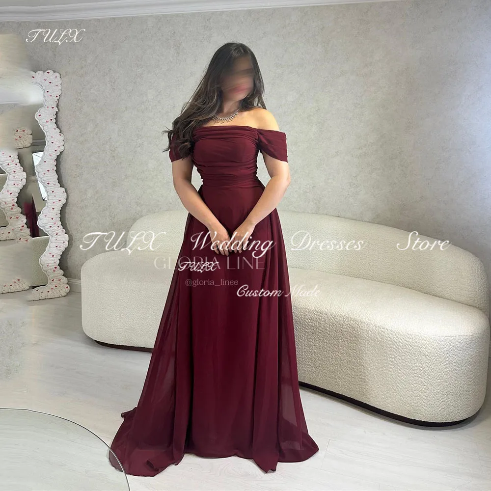 

TULX Customized Off Shoulder Sheath Evening Dresses Long Robe De Soirée Chiffon Вечернее платье فساتين سهرة Party Dress Women