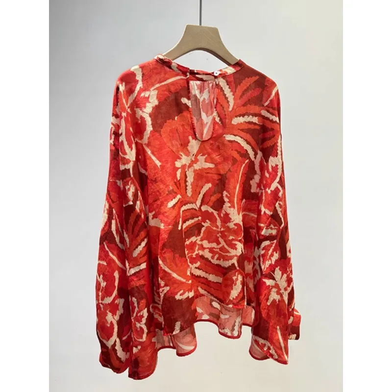 

Retro Printed Slim Shirt for Commuting French Style Relaxed and Elegant Ladies Top for Summer