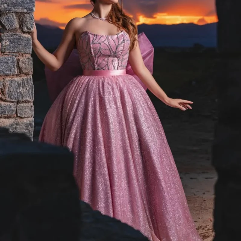 

Customized Shiny Pink Quinceanera Dresses Off the Shoulder Tull sequin applique Bow Vestido De 15 Quinceanera