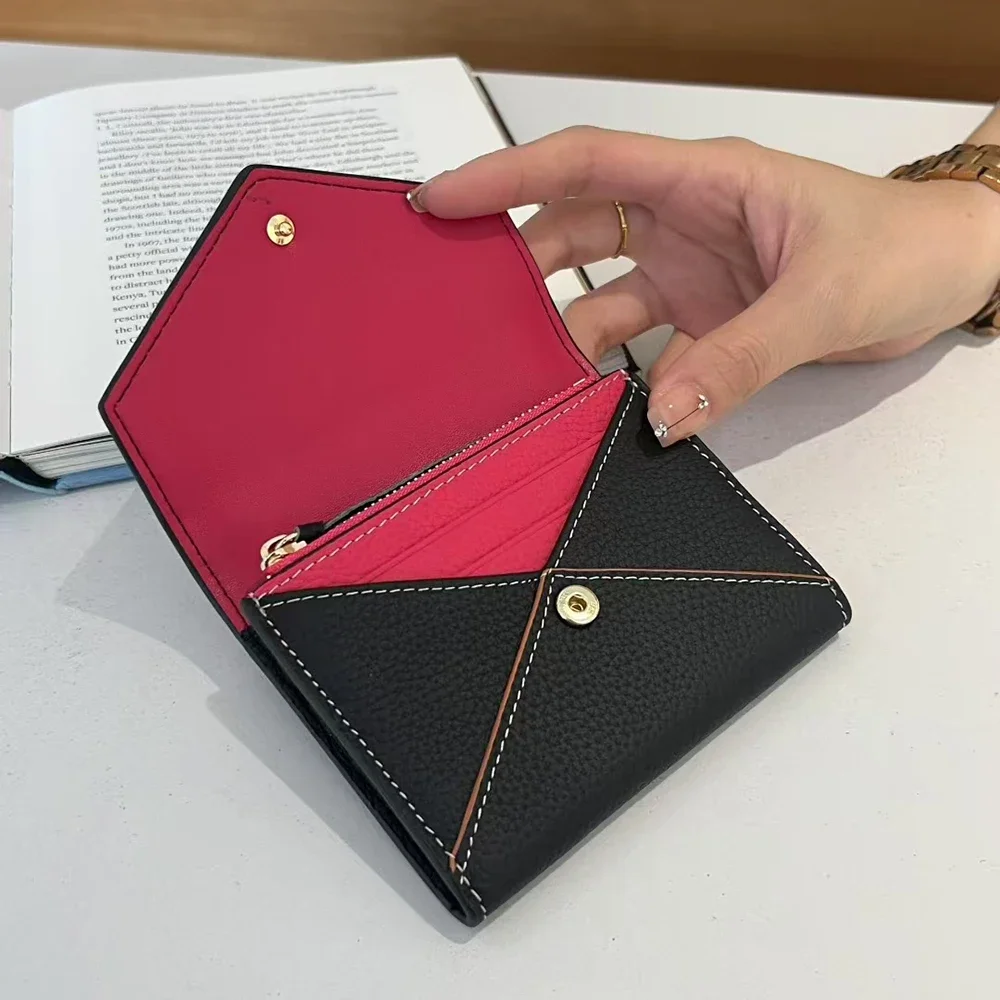 Luxury Genuine Leather Woman's Short  Wallets Custom Name Portable Envelope Credit Card Holder Personalize Letters Small Purse