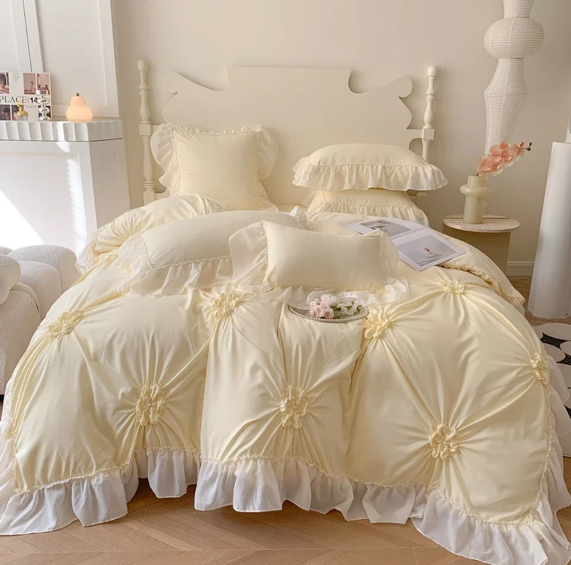 Set biancheria da letto in pizzo Svetanya Francia Romantic Princess Wedding Ruffles Bow Copripiumino morbido Lenzuolo Federe