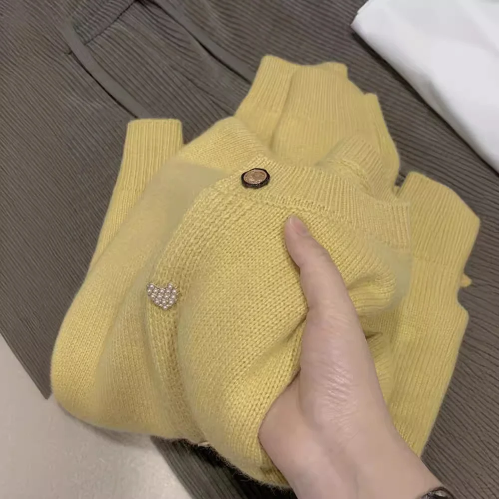 

Round Neck Commuting Sweet Yellow Sweater Chic Button Loose Knit Cardigan Jacket Versatile Casual Long Sleeved Top For Women