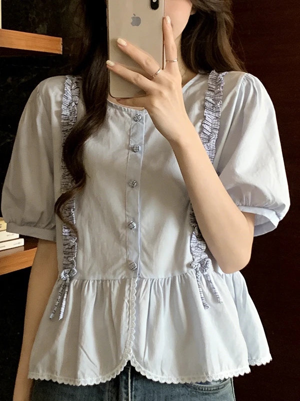 

Summer 2026 plus Size Korean Style Short Sleeve Shirt Women's Beautiful Lace Trim Splice Slimming Design Commute Style Breath...