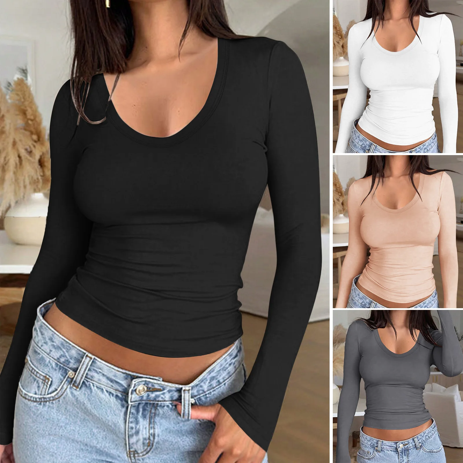 2025 Spring Summer Women's Tops Female Slim-fit Pullover Lady's Solid Color O-neck Bottoming Shirt Women's Top With Sleeves